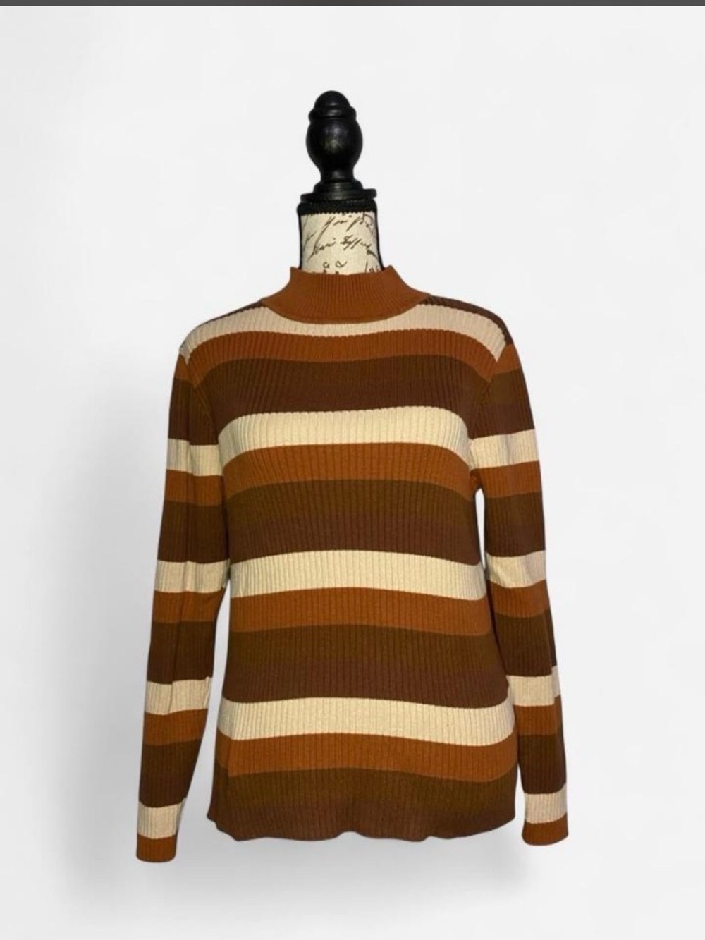 Striped Ribbed Turtleneck Sweater in Brown, Tan & Cream
